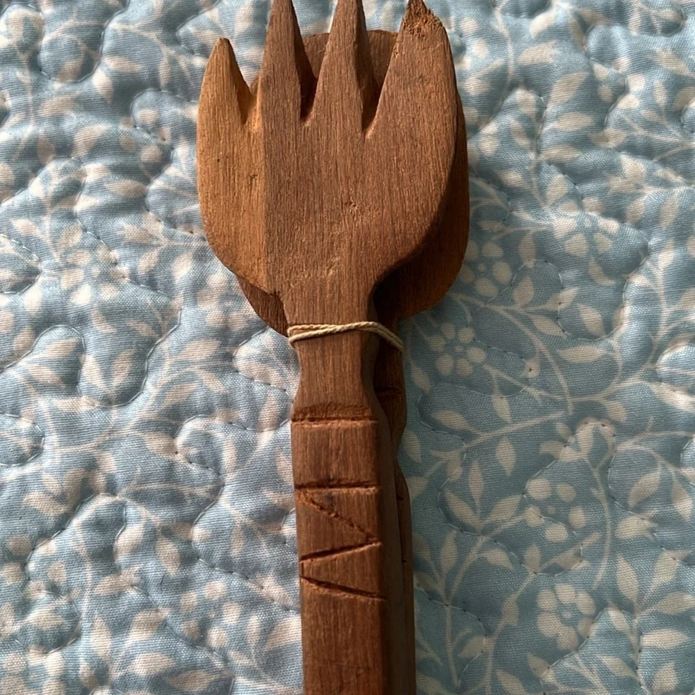Vintage Brown Wooden Salad Server Set Spoon and Fork